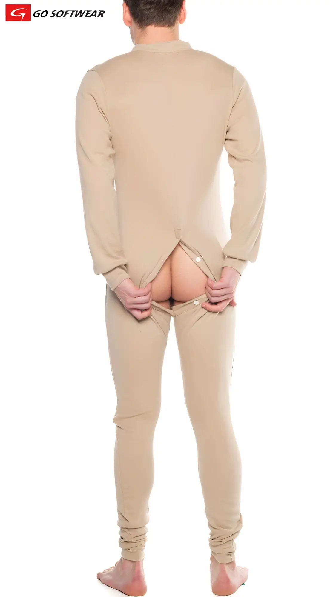 Beige long-sleeved thermal underwear set with buttoned back opening shown from the back for cold weather layering
