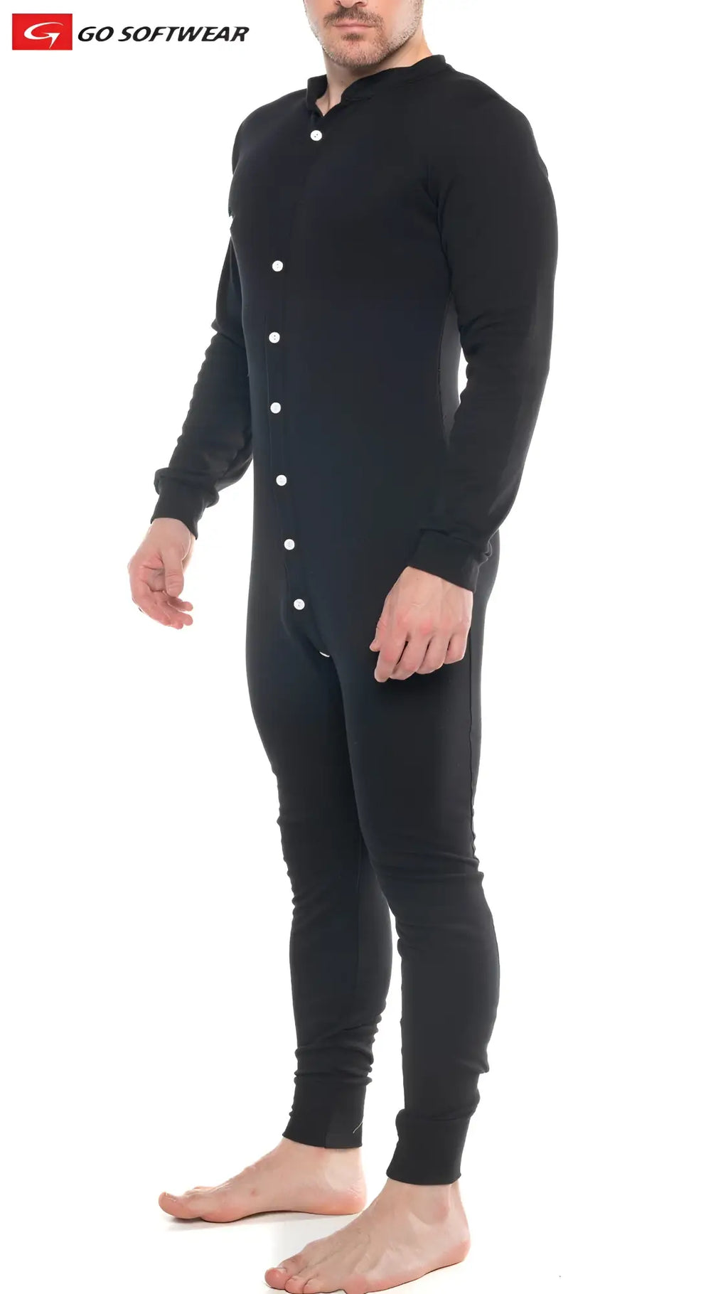 Black long-sleeved thermal union suit with white button closure showing back side of lumber jack open back design