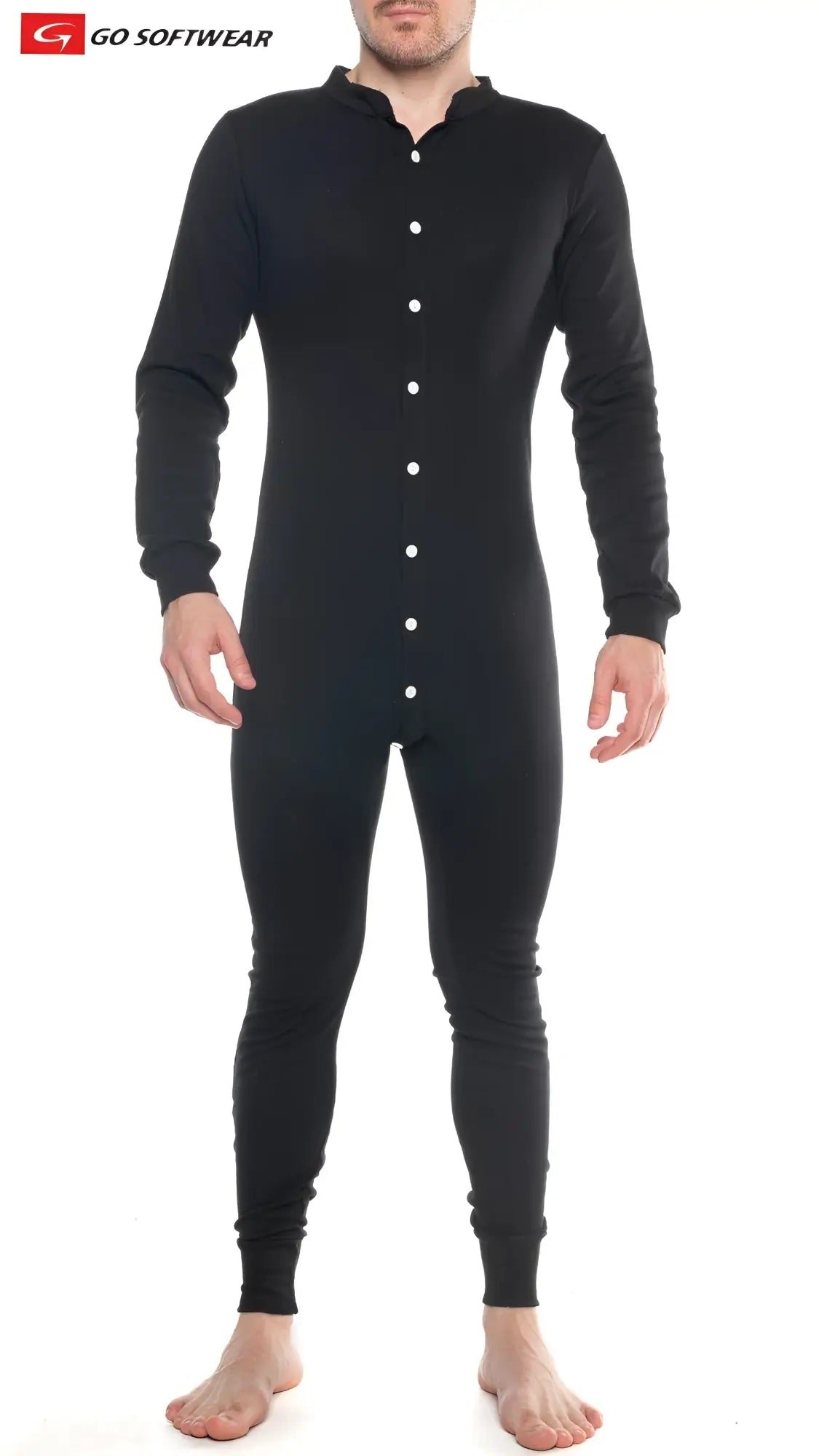 Black long-sleeved thermal one-piece suit with white buttons down front shown from the front in lumber jack open back union suit