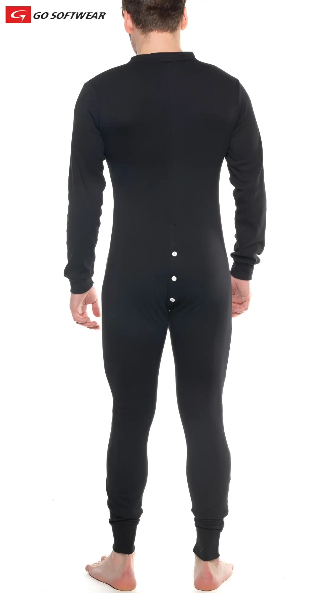 Black long-sleeved thermal one-piece lumber jack open back union suit with button closure shown from the back