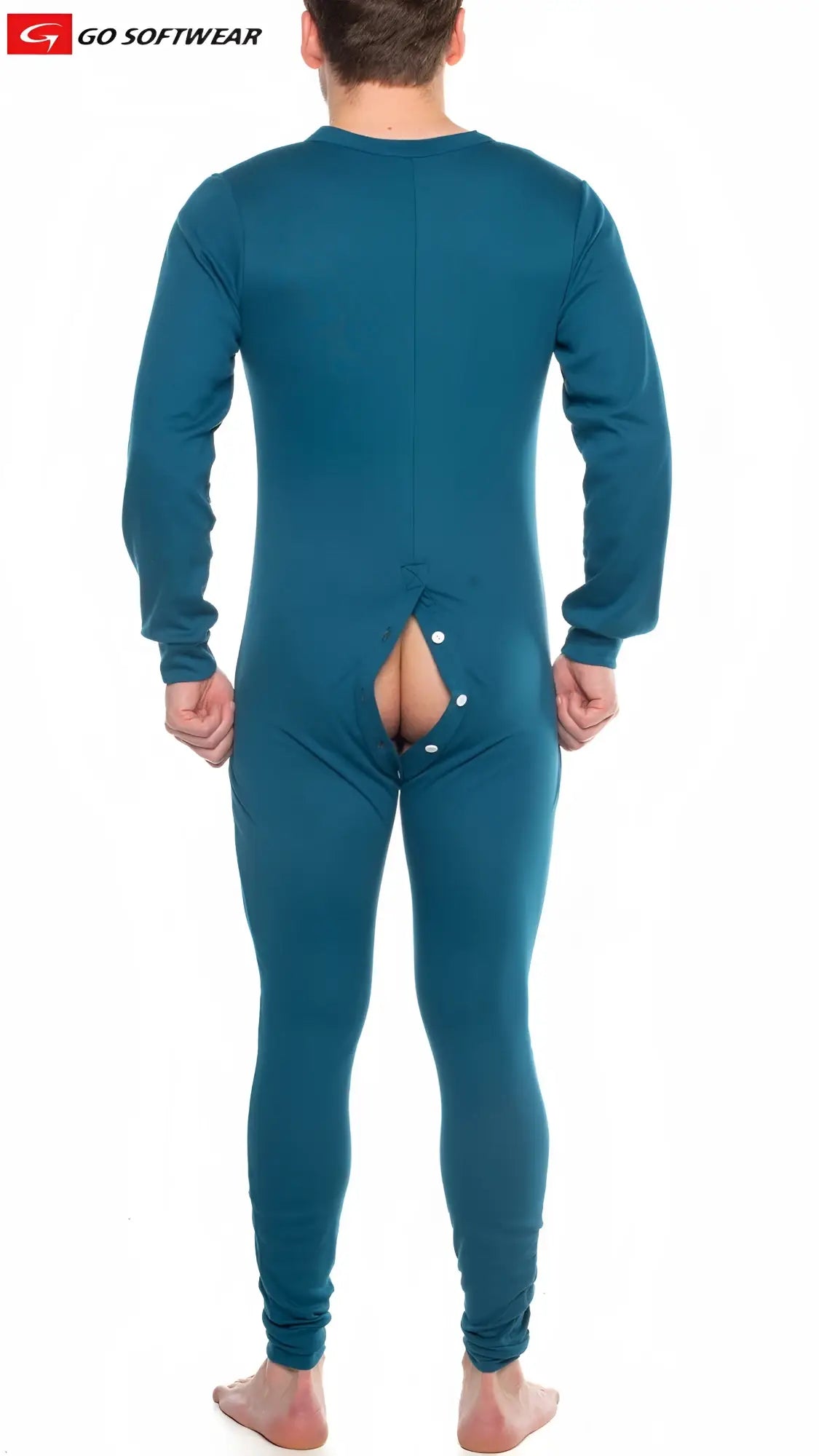 Teal lumber jack open back union suit showing long sleeves and buttoned rear opening for easy wear