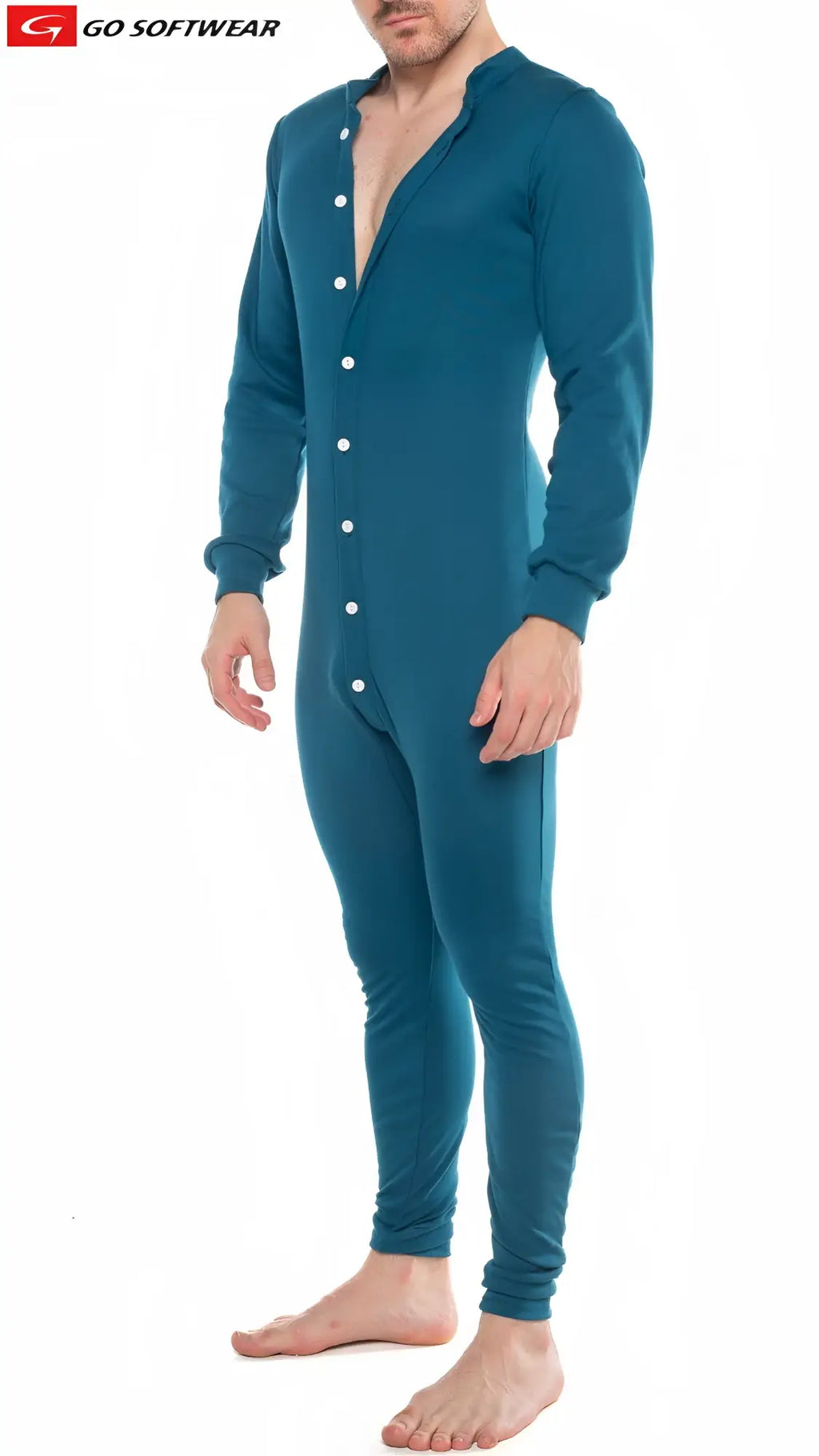 Teal long-sleeved button-up one-piece pajama suit shown from the back in lumber jack open back union suit style