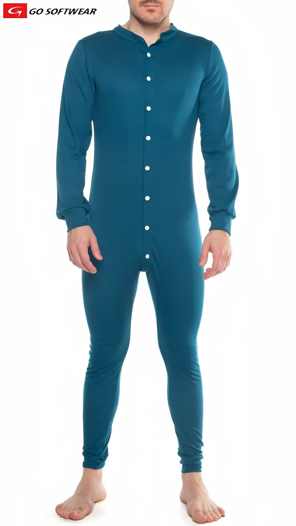 Teal long-sleeved button-up lumber jack open back union suit pajama made from soft comfortable fabric