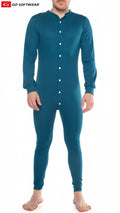 Teal long-sleeved button-up lumber jack open back union suit pajama made from soft comfortable fabric