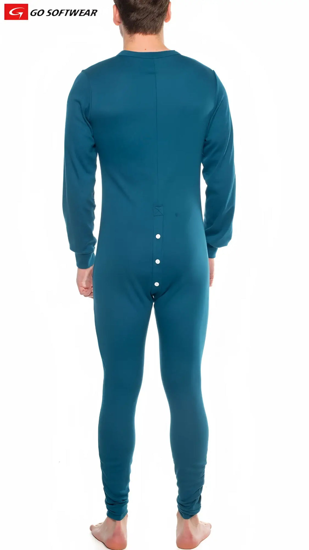 Teal long-sleeved thermal lumber jack open back union suit shown from the button-down back side