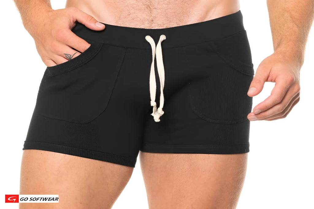 Black ribbed cotton lumber jack shorty shorts with white drawstring and side pockets for casual wear
