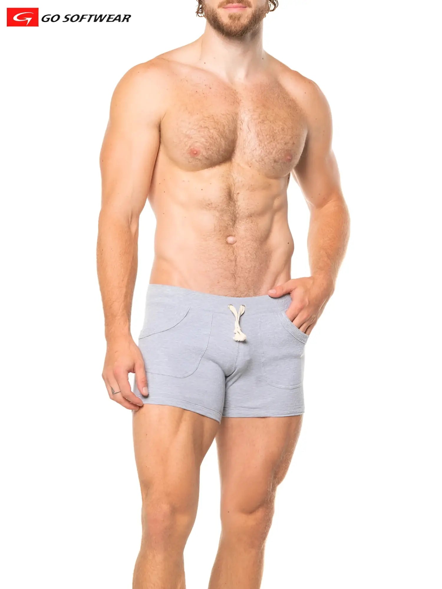Gray heathered go softwear lumber jack shorty shorts with white drawstring and side pockets for casual wear
