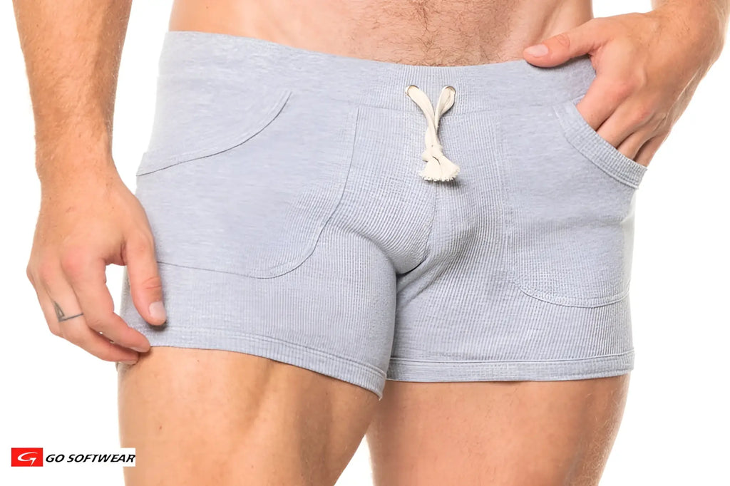 Gray heathered lumber jack shorty shorts with white drawstring and side pockets in breathable fabric