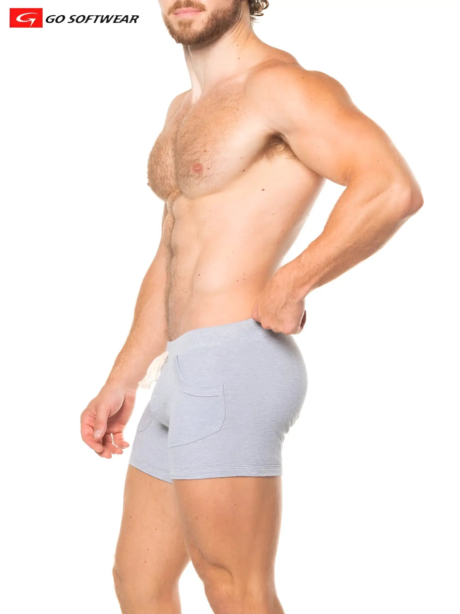 Light gray textured fabric lumber jack shorty briefs with front pocket and white drawstring