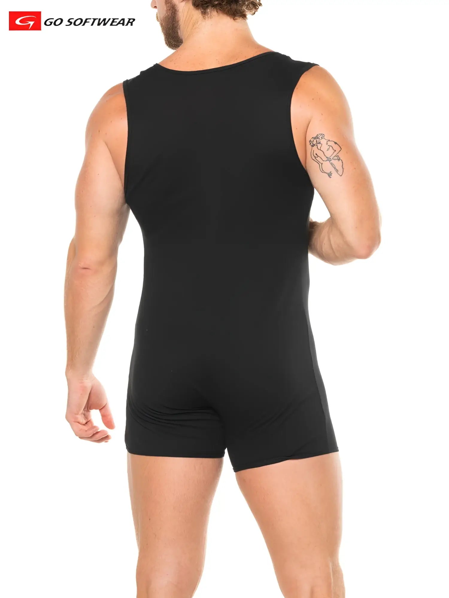 Black sleeveless athletic one-piece lumber jack sleeveless onesy from go softwear designed for comfort and flexibility