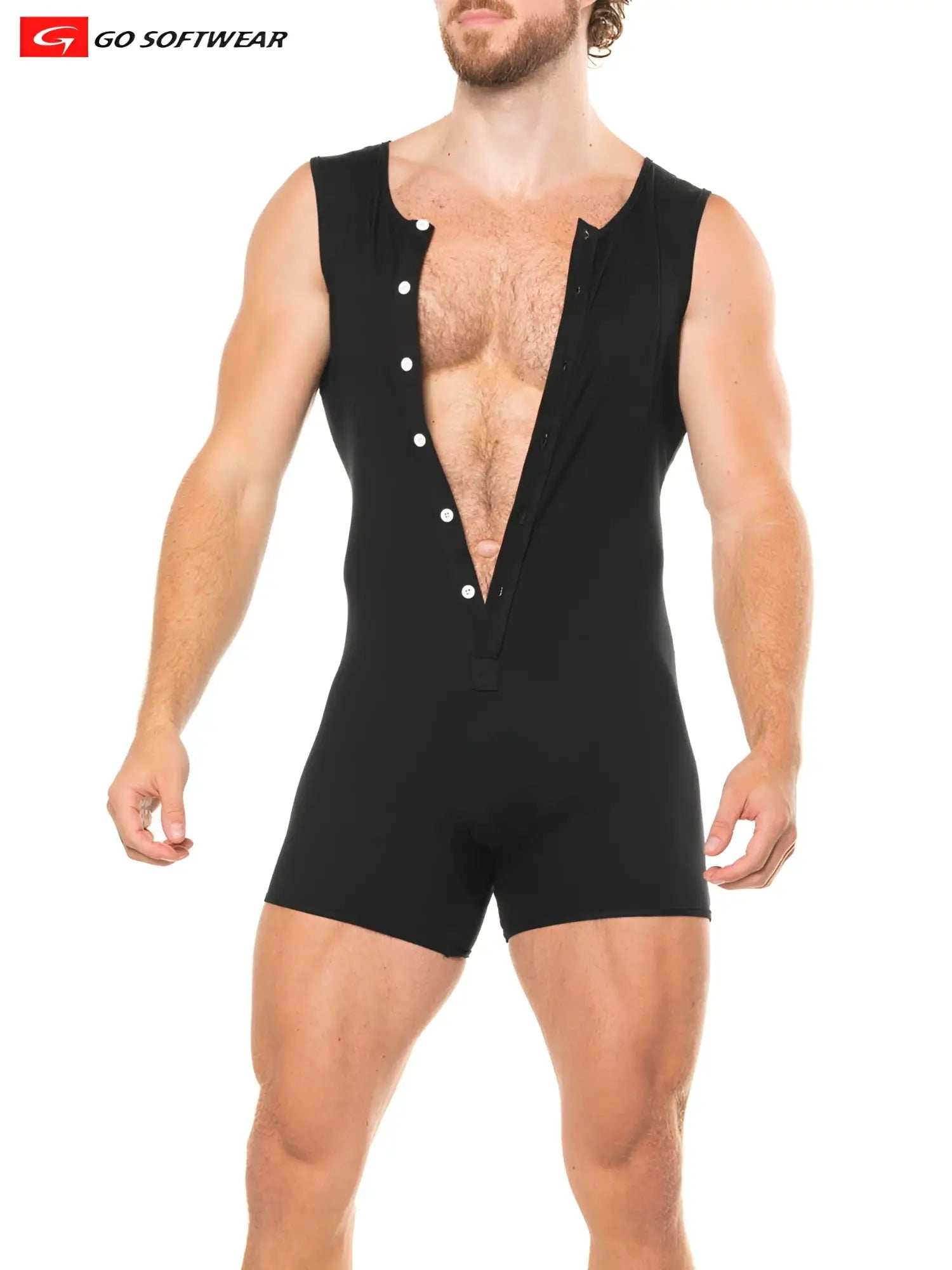 Lumber jack sleeveless onesy black snug fit one-piece with white buttons and short legs for comfortable wear