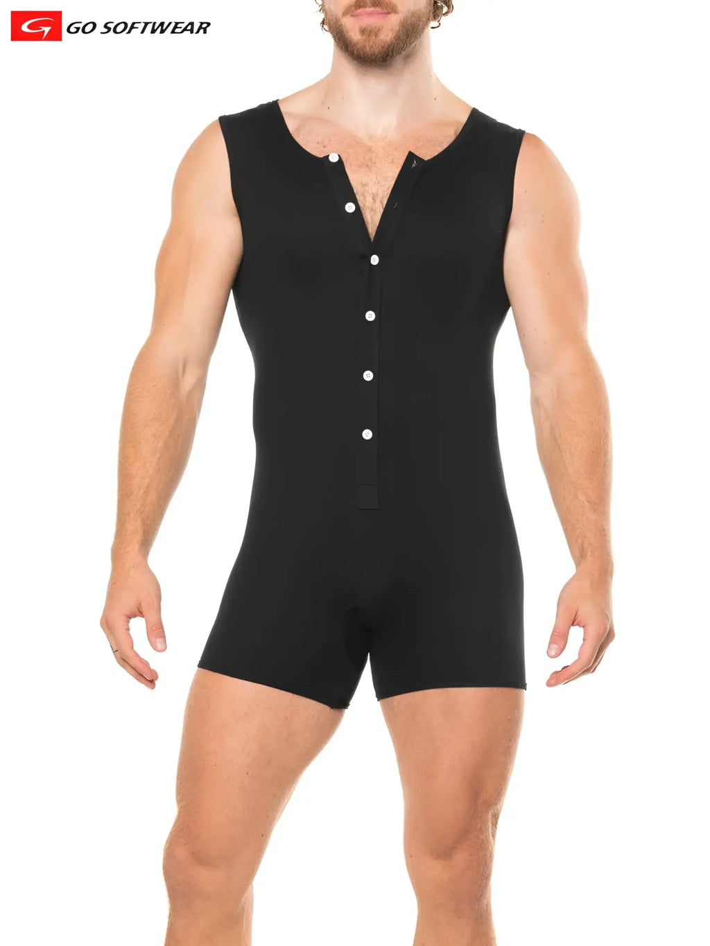 Black lumber jack sleeveless onesy with white buttons down the front in a soft fabric for casual wear
