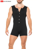 Black lumber jack sleeveless onesy with white buttons down the front in a soft fabric for casual wear