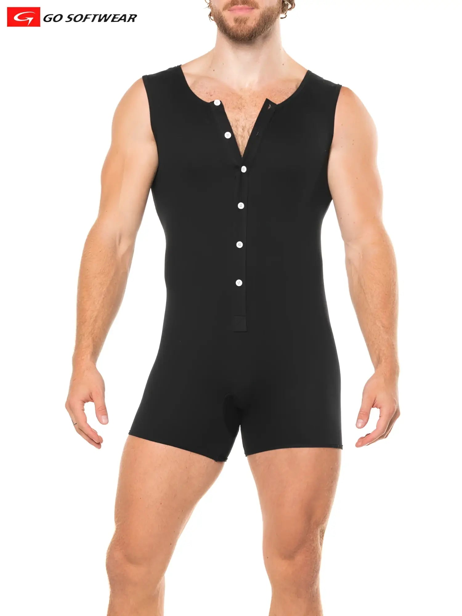 Black lumber jack sleeveless onesy with white buttons down the front in a soft fabric for casual wear