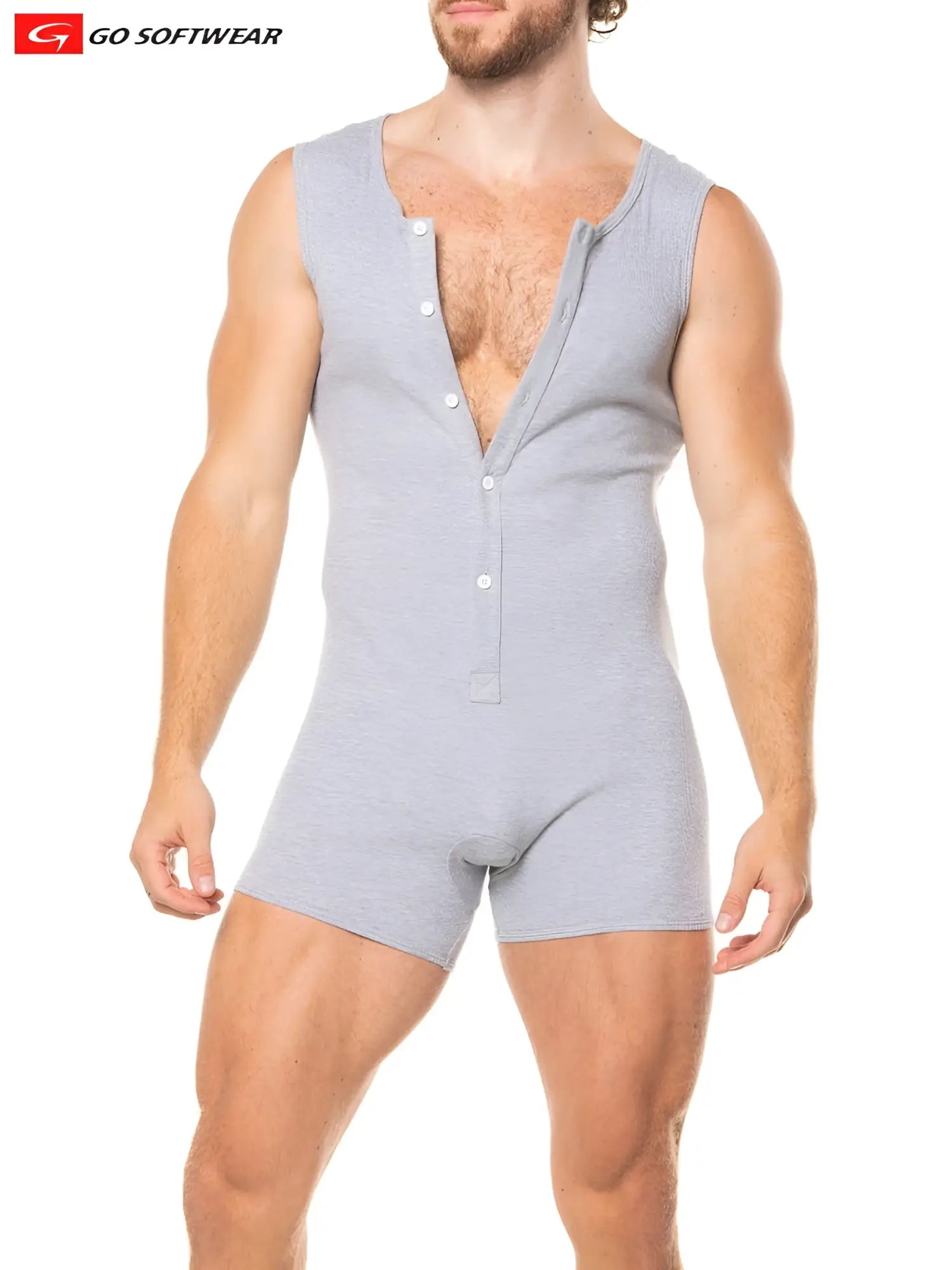 Gray heathered sleeveless lumber jack onesy with button-front design made from soft breathable fabric