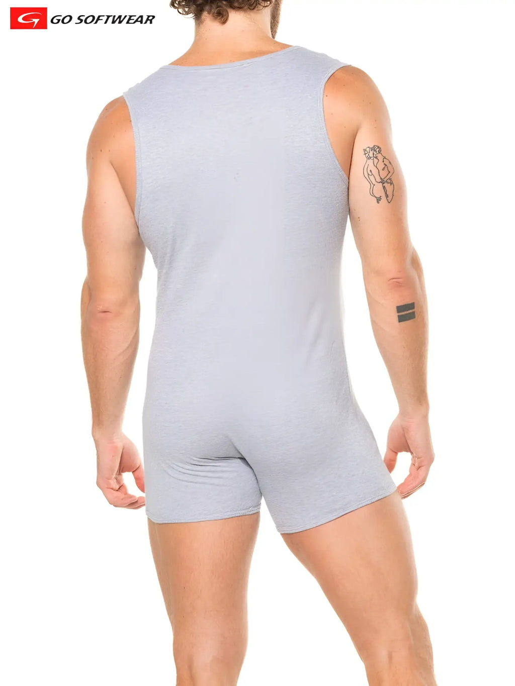 Gray heathered sleeveless tank top with matching shorts lumber jack sleeveless onesy from go softwear