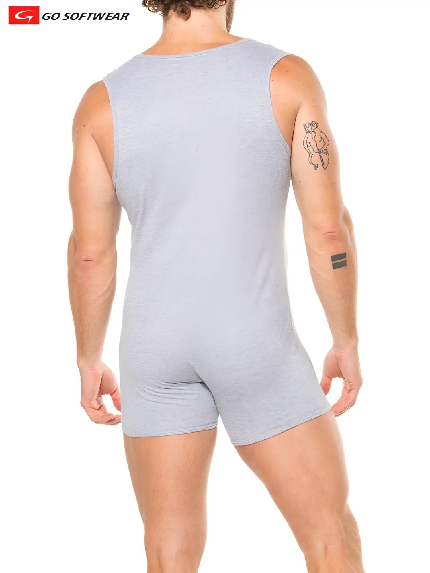 Gray heathered sleeveless tank top with matching shorts lumber jack sleeveless onesy from go softwear