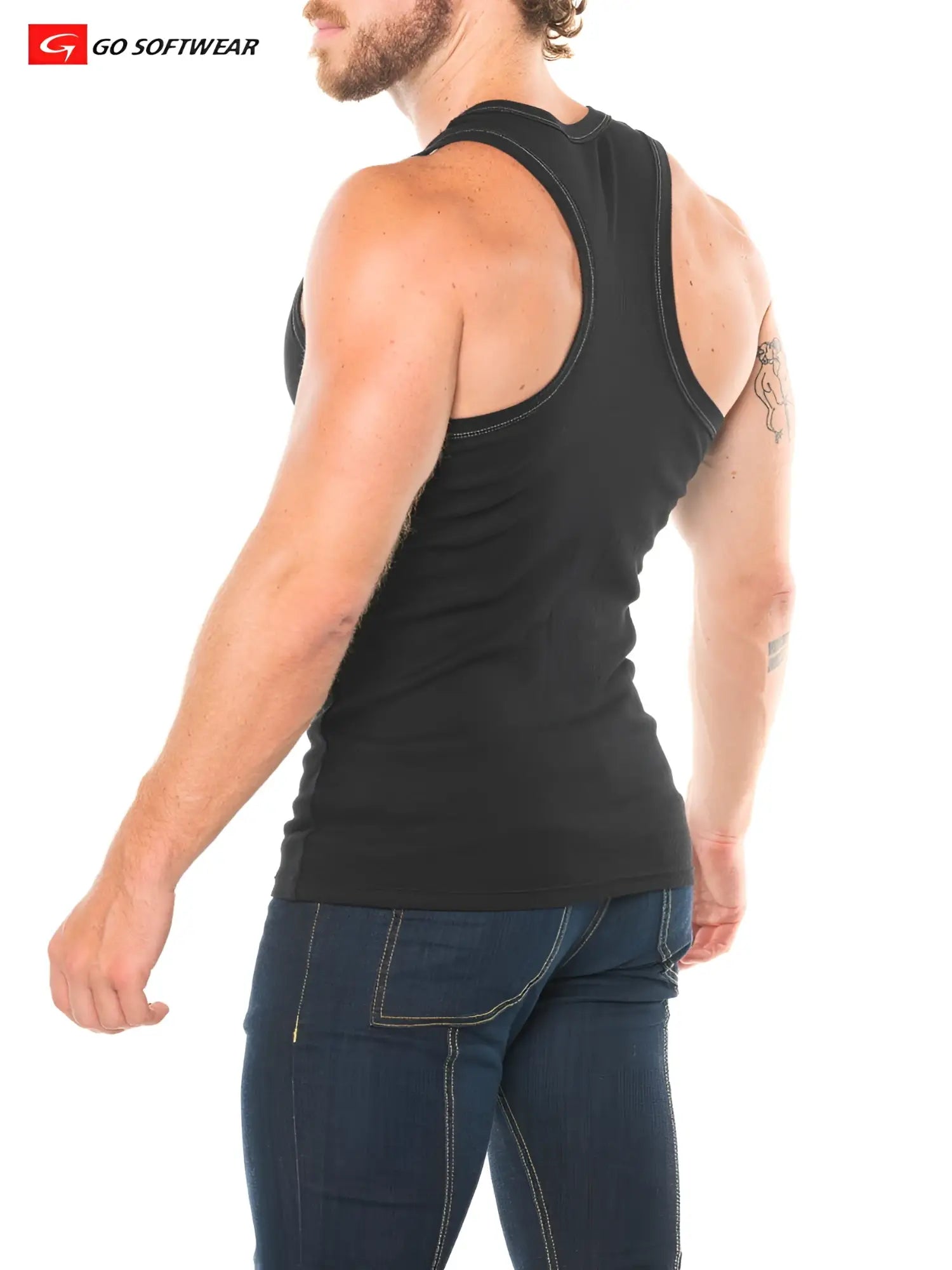 Black Lumber Jack y-back tank top showing the back with contrasting stitching on a racerback design