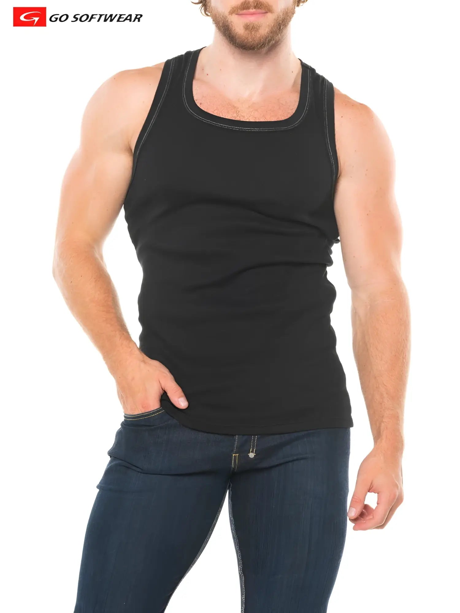 Black sleeveless Lumber Jack Y-back tank top with contrasting stitching along neckline and armholes