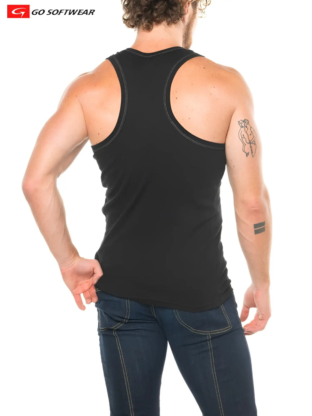 Black sleeveless lumber jack y-back tank top with contrasting white stitching along neckline and armholes