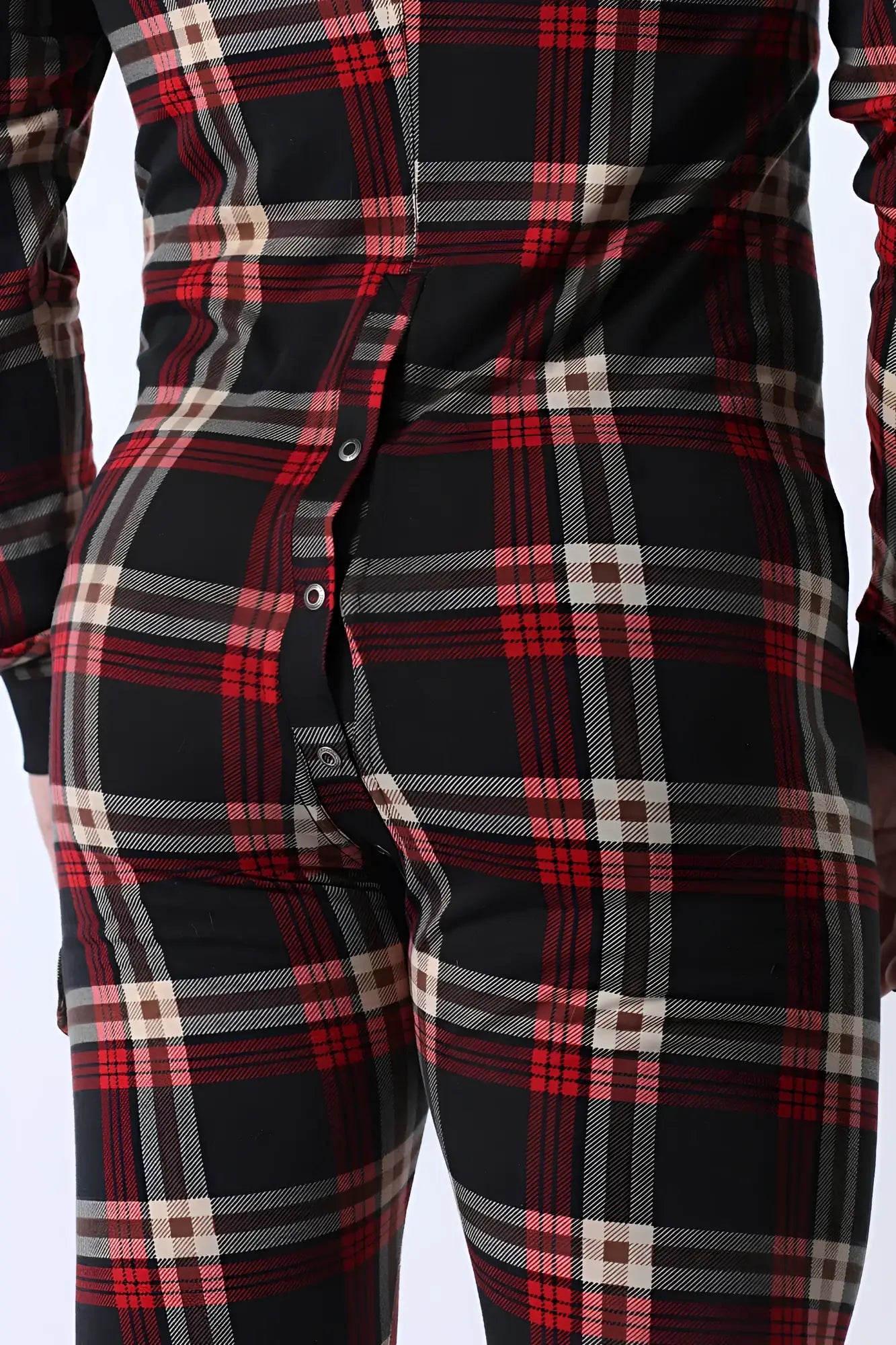 Black red and cream plaid lumber jacked union suit pajama onesie with button down front for cozy wear
