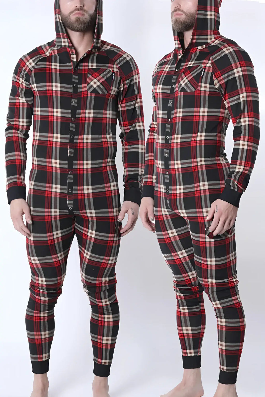 Red black and beige plaid hooded lumber jacked union suit with button-front closure for cozy indoor wear