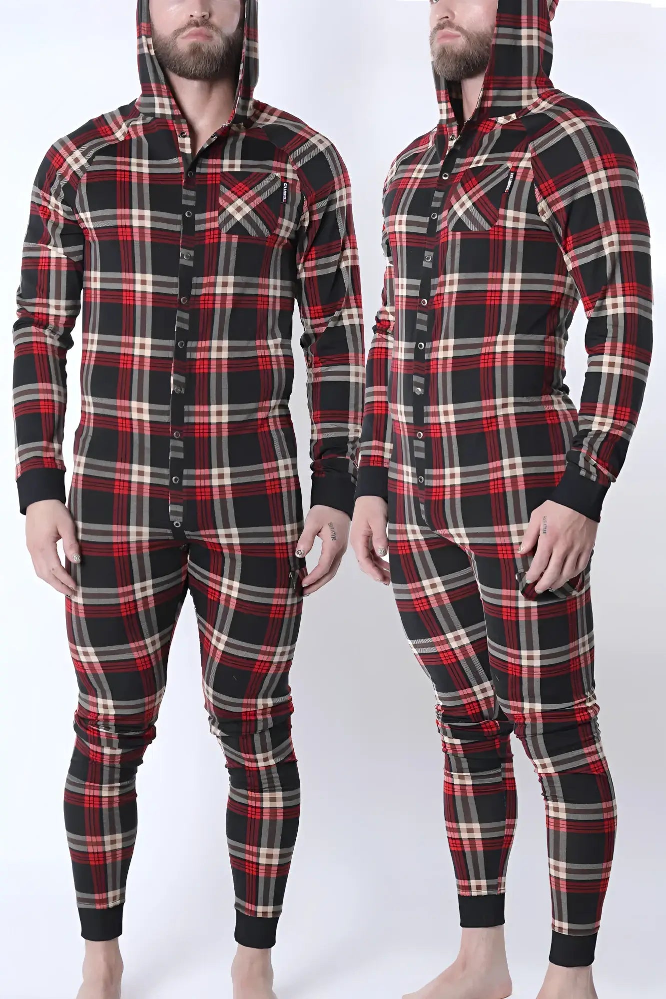 Red black and beige plaid hooded lumber jacked union suit with button-front closure for cozy indoor wear