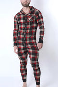 Red black and beige plaid hooded one-piece pajama set with button front design lumber jacked union suit