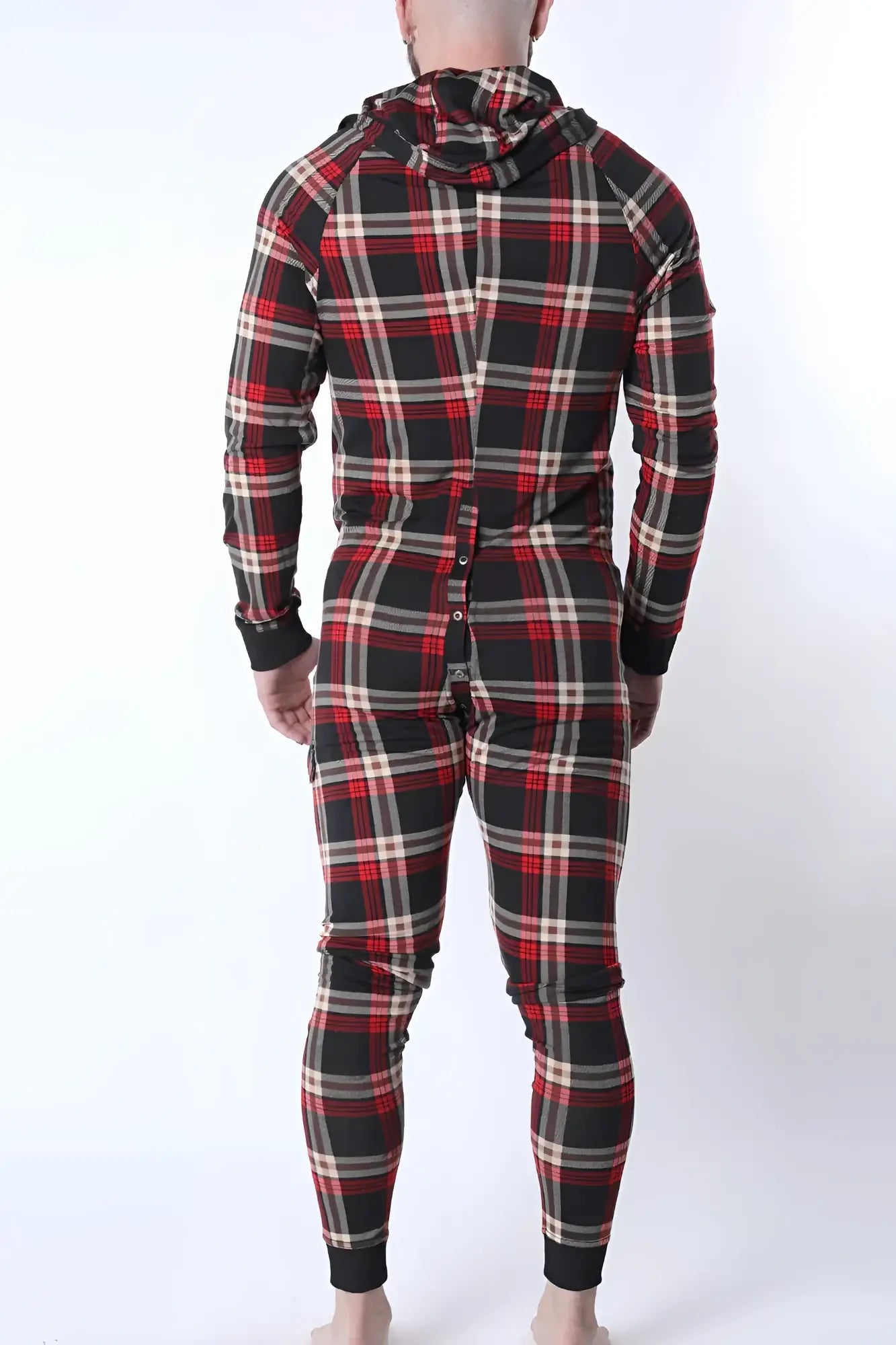 Lumber jacked union suit red black and beige plaid hooded one-piece pajama set made of soft flannel for cozy wear