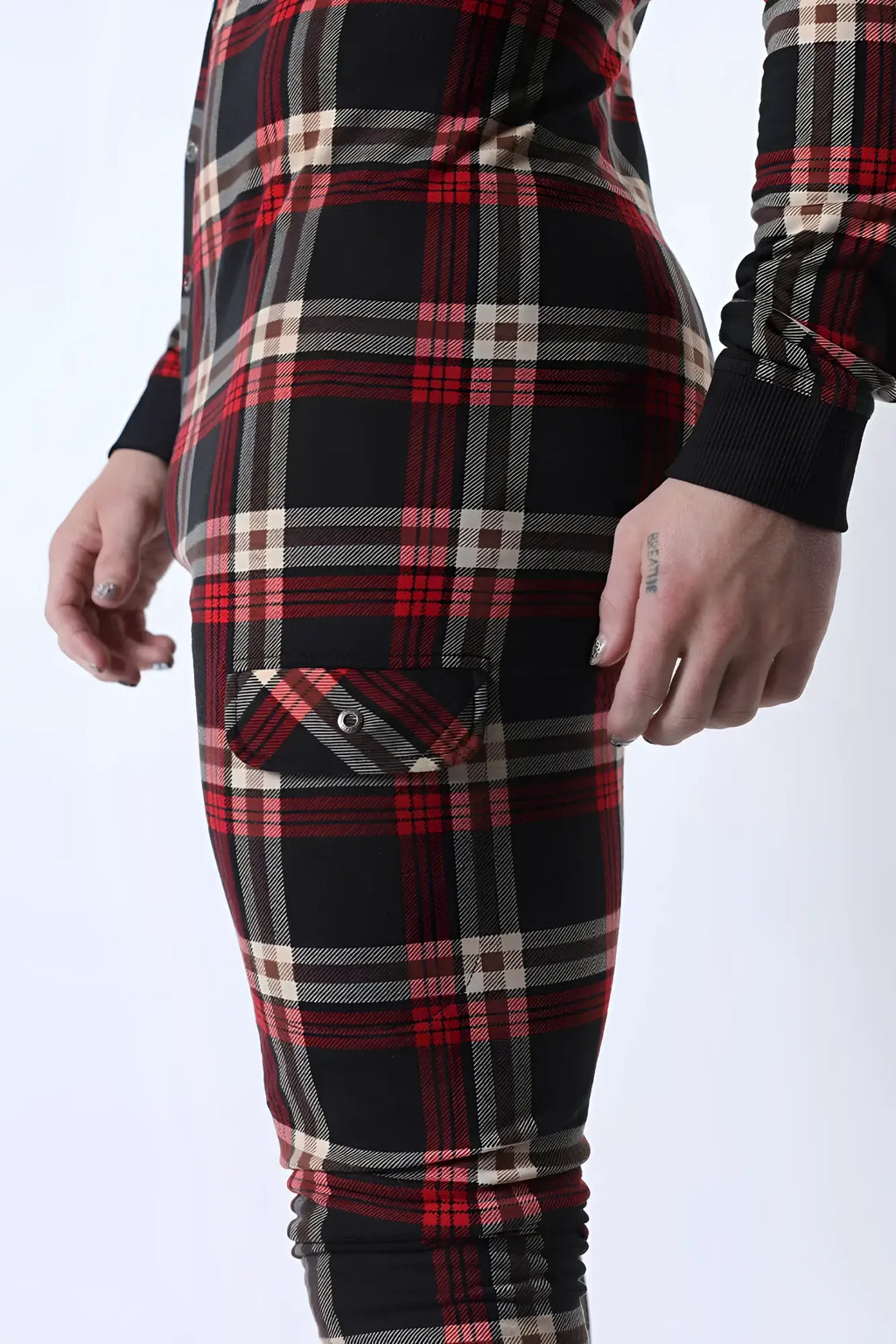 Lumber jacked union suit red black and beige plaid fitted leggings with front pocket and button closure
