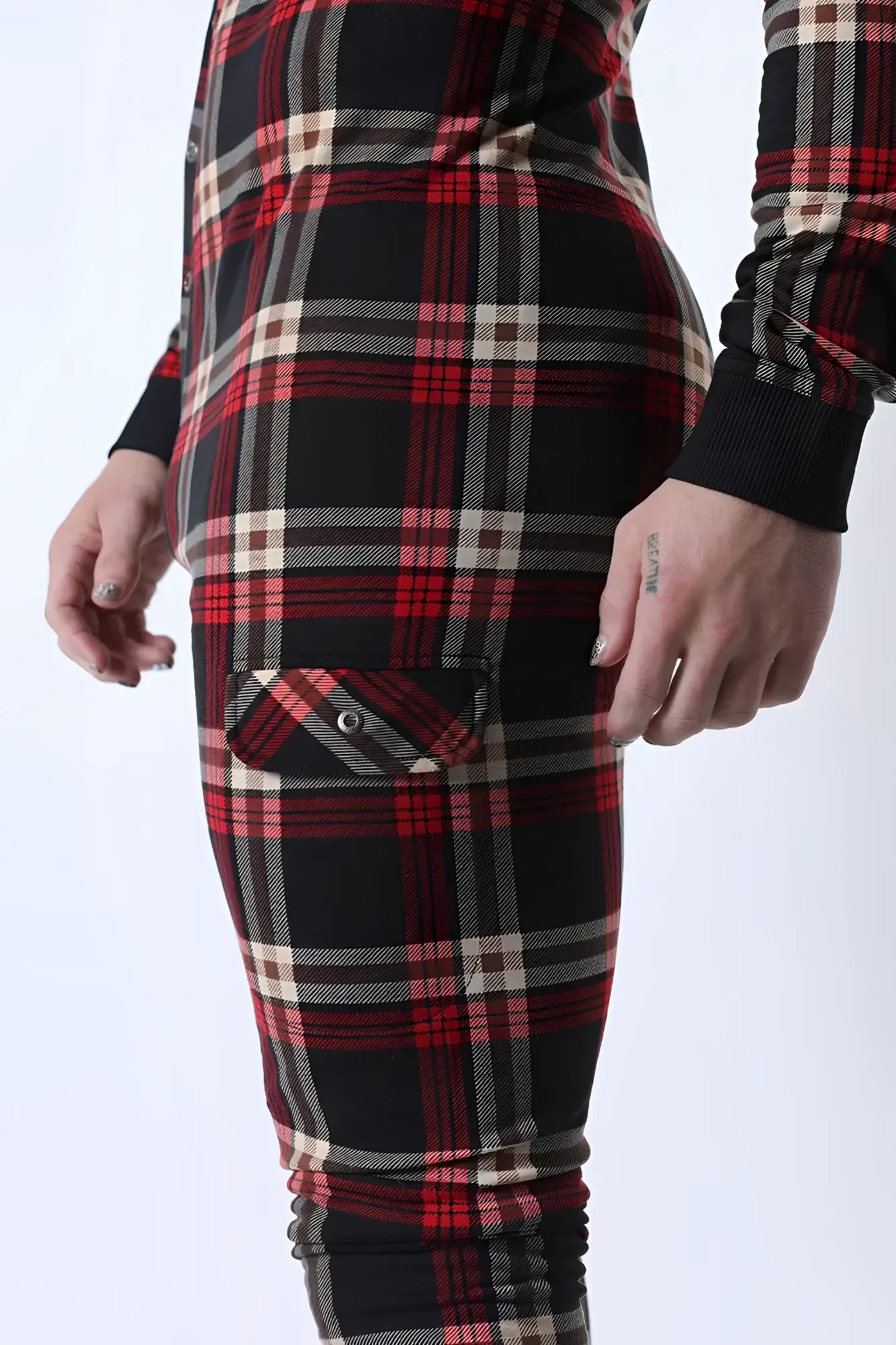 Lumber jacked union suit red black and beige plaid fitted leggings with front pocket and button closure