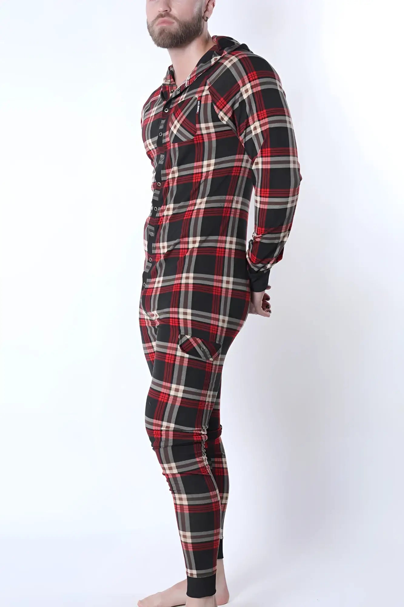 Red black and beige plaid hooded lumber jacked union suit with front button closure one-piece pajama