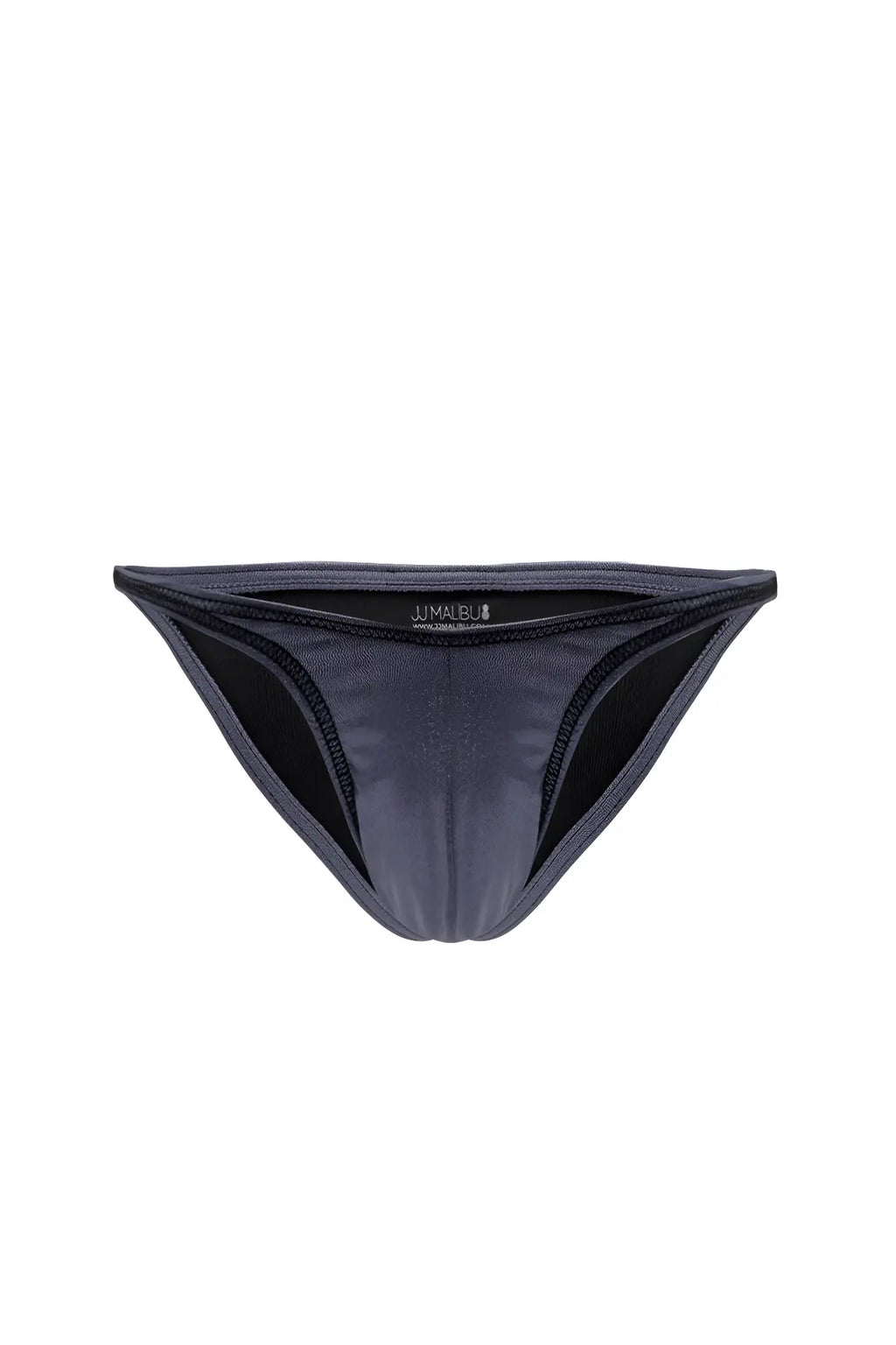 Dark gray jmalbu luna scrunch butt thong bikini bottom with sleek minimalist design and black inner lining back view