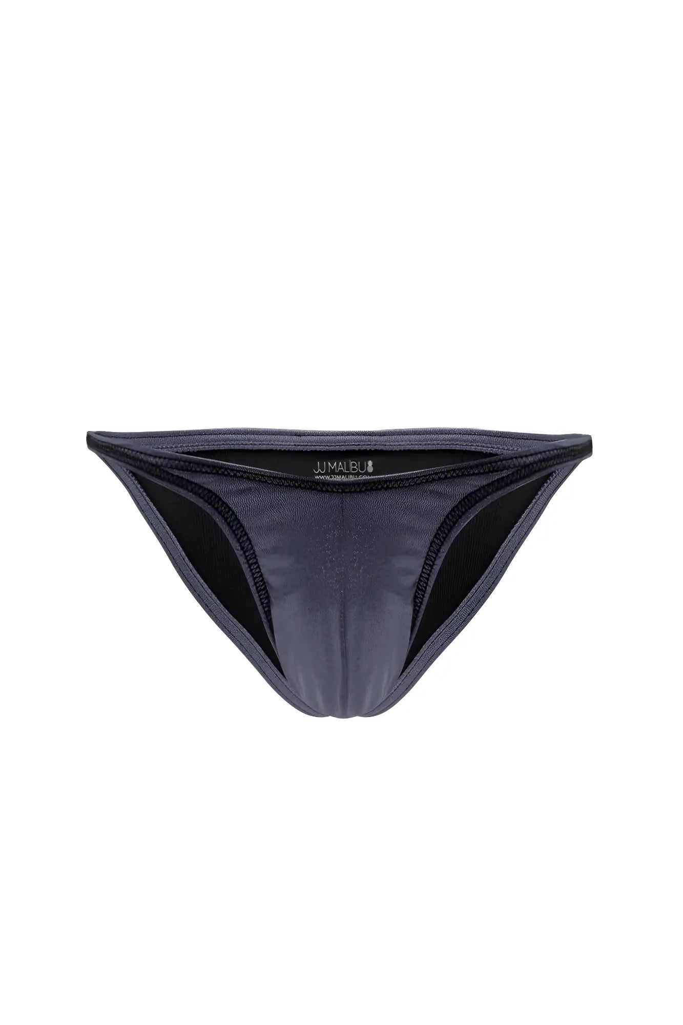 Dark gray jmalbu luna scrunch butt thong bikini bottom with sleek minimalist design and black inner lining back view