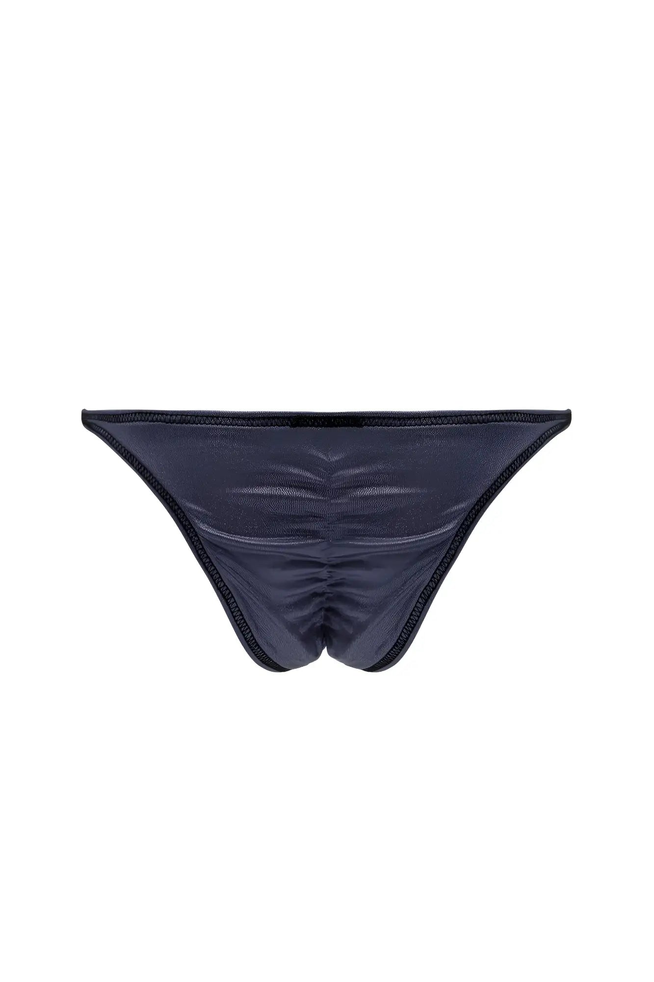 Navy blue ruched mesh bikini bottom with black trim shown from the back in Luna Scrunch-Butt Thong Metallic Black style