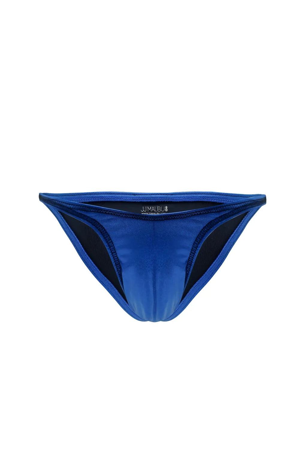 Blue jimalbu luna scrunch-butt thong bikini bottom with sleek metallic blue fabric and contrasting black inner lining shown from back