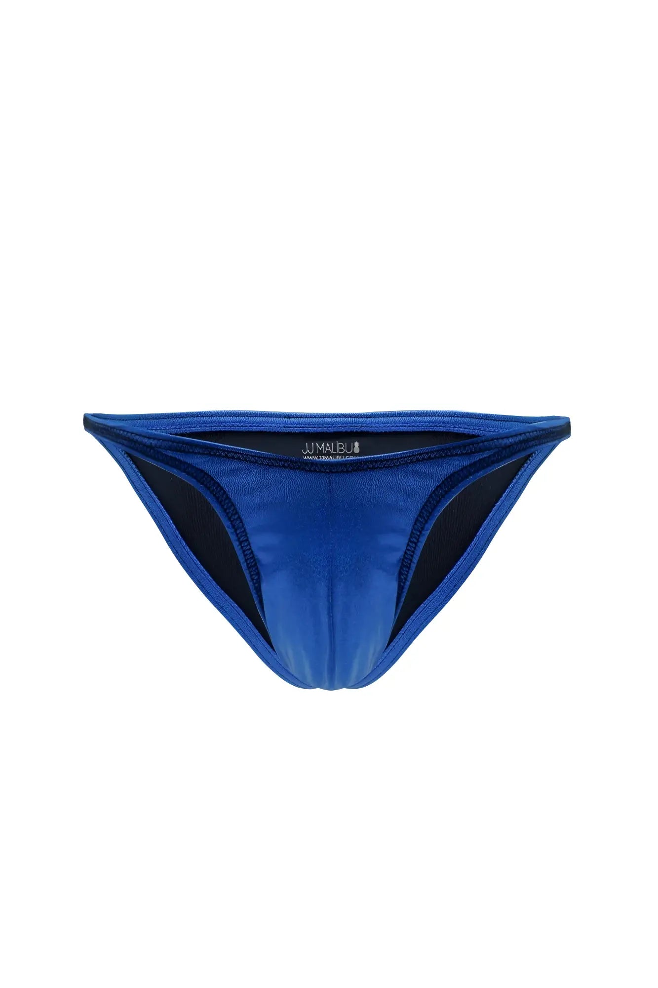 Blue jimalbu luna scrunch-butt thong bikini bottom with sleek metallic blue fabric and contrasting black inner lining shown from back