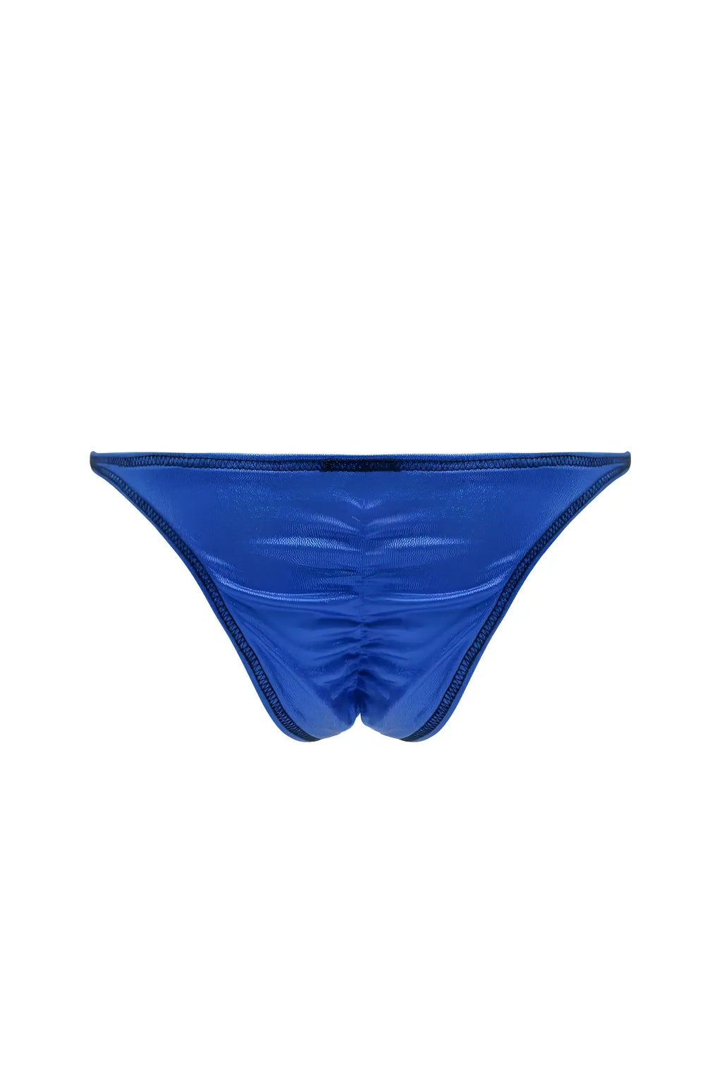 Vibrant royal blue metallic luna scrunch-butt thong with sleek ruched design and seamless stitching back view