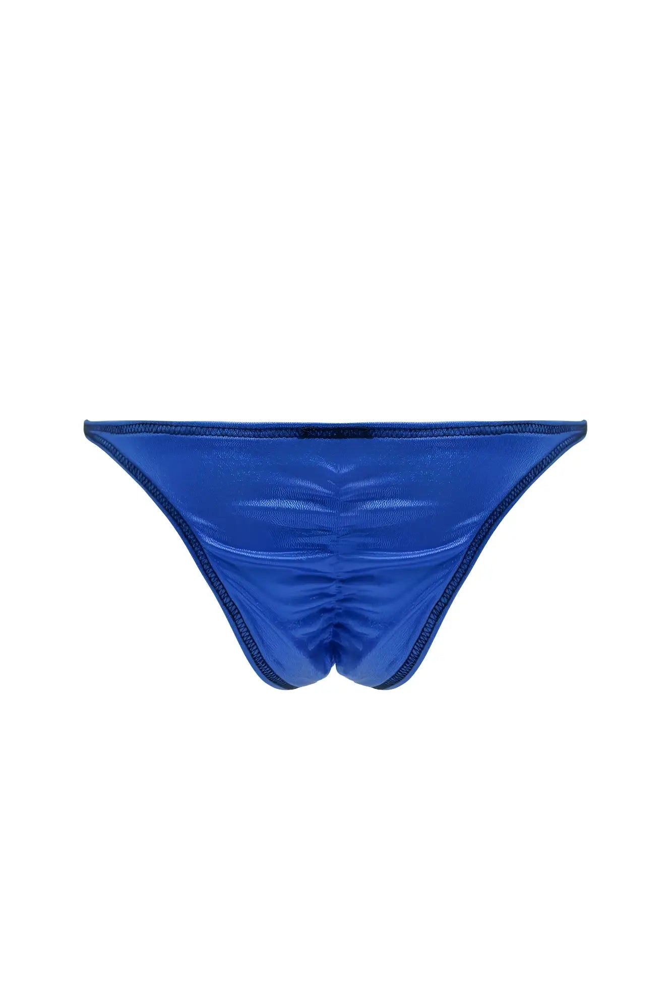 Vibrant royal blue metallic luna scrunch-butt thong with sleek ruched design and seamless stitching back view
