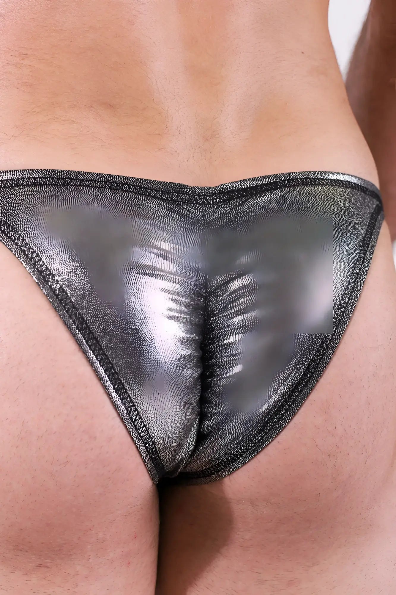 Luna scrunch-butt thong metallic silver shiny silver with textured shimmering finish and black edge stitching