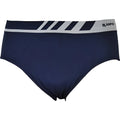 Navy blue lupo seamless microfiber briefs with gray and black striped waistband size L showing front side