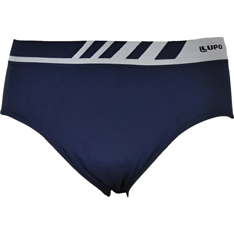 Navy blue lupo seamless microfiber briefs with gray and black striped waistband size L showing front side