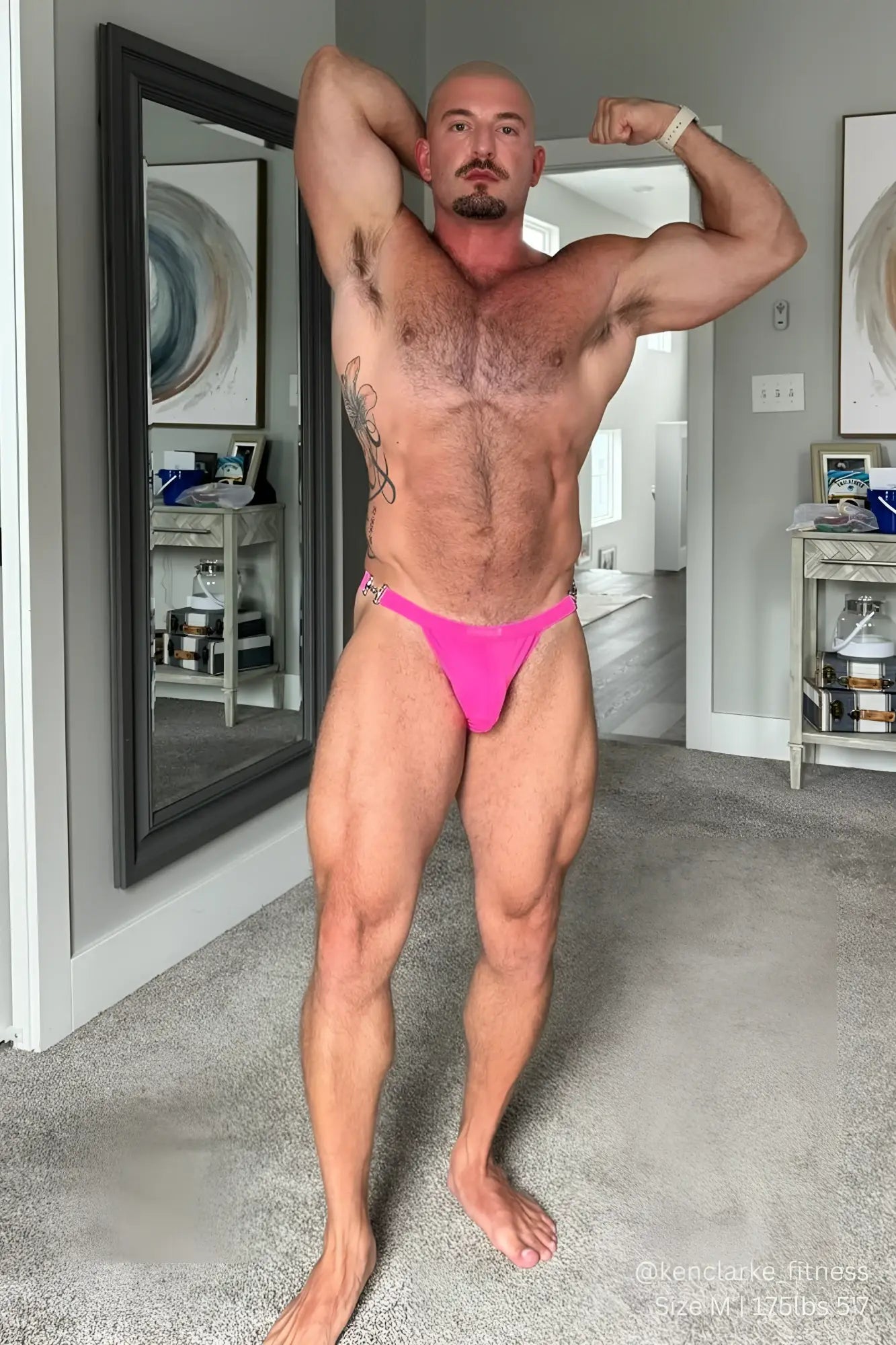Bright pink luster metal accent g-string swim thong showing back side with neon pink athletic fabric details