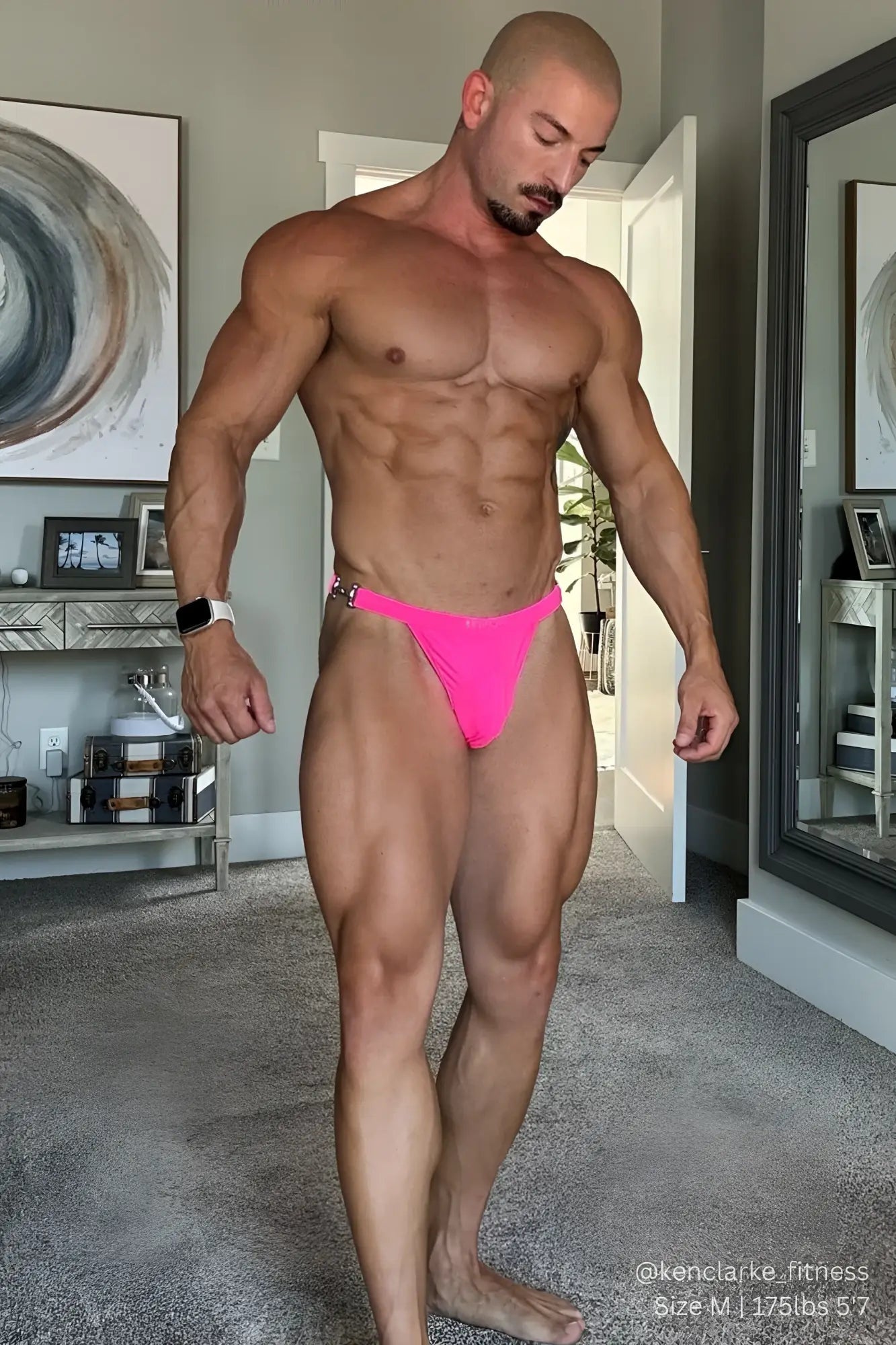 Bright pink neon luster metal accent g-string swim thong with metallic belt loop and buckle front view