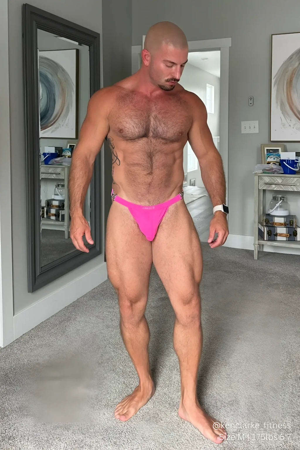 Bright pink luster metal accent g-string swim thong with snug fit and visible elastic waistband front view