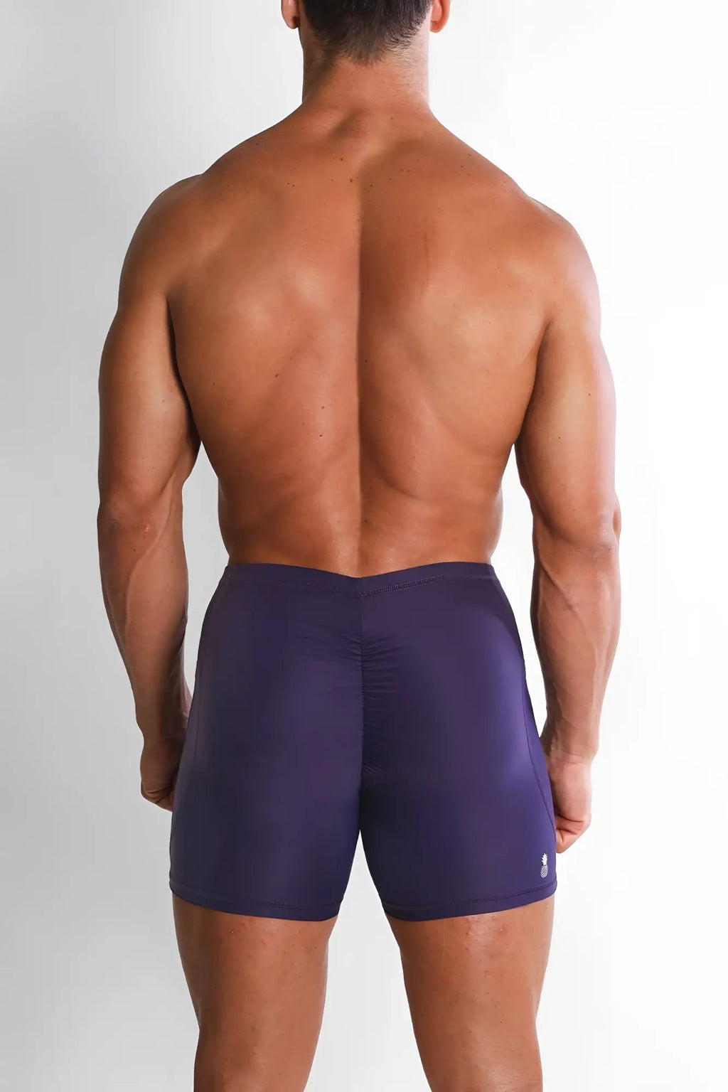 Purple lustrous scrunch-butt 4.5 inch bike shorts with snug fit and elastic waistband shown from the back side