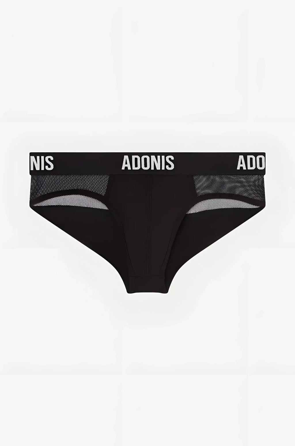 Luxe black caviar brief in black adonis fabric with mesh side panels and a branded waistband for stylish comfort