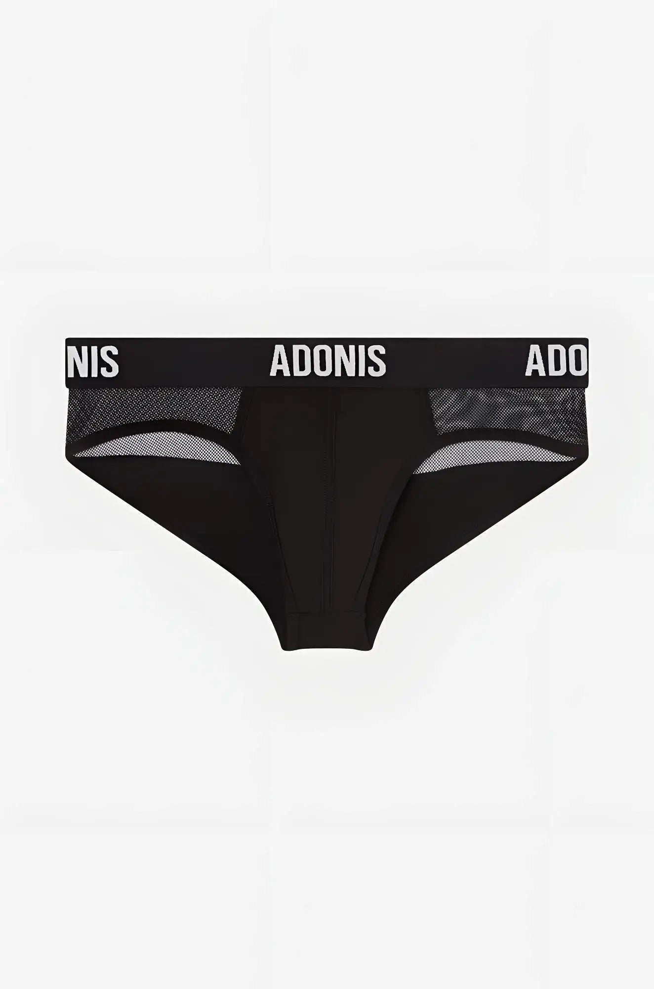 Luxe black caviar brief in black adonis fabric with mesh side panels and a branded waistband for stylish comfort