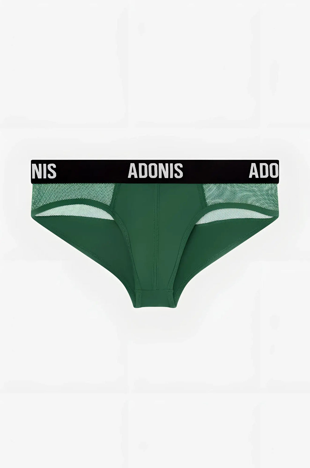 Dark green adonis brand briefs with black elastic waistband and white lettering luxe dark olive brief