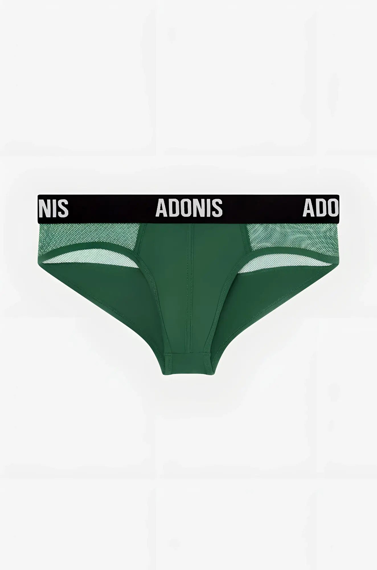Dark green adonis brand briefs with black elastic waistband and white lettering luxe dark olive brief